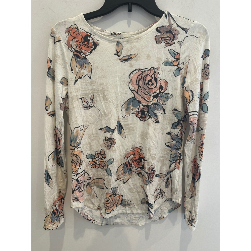 Cupio Women Cream Floral Watercolor Long Sleeve Romantic Top Curved Hem Small